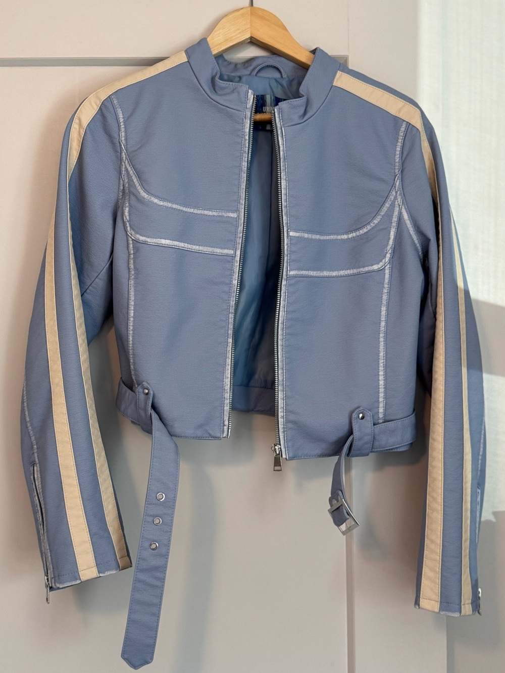 Urban Outfitters Jordan Faux Leather Racing Jacket Blue Cream NWT M
